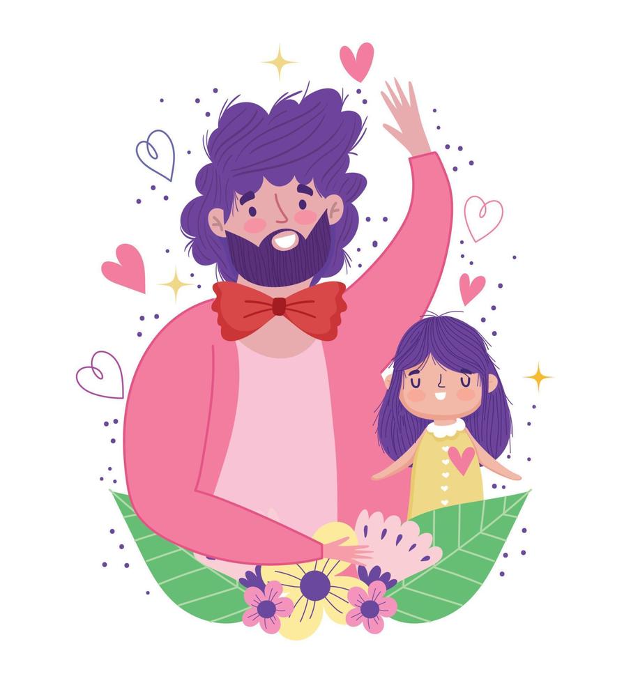 feliz día del padre, papá e hija con flores celebrando la tarjeta vector