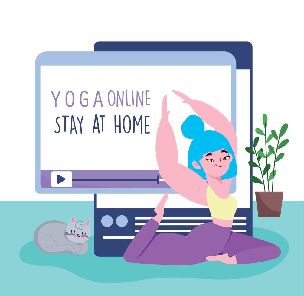 online yoga, stay at home, girl practicing yoga with computer and cat vector