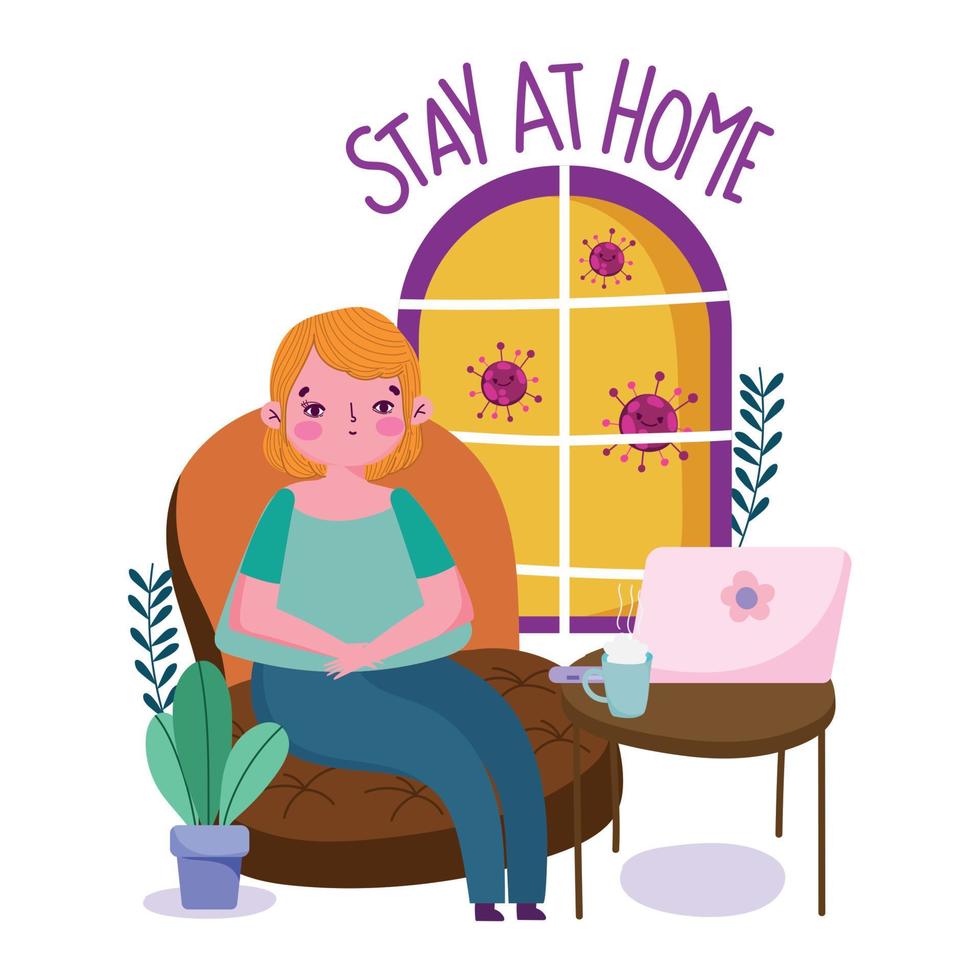 stay at home, young woman sitting in sofa with laptop and coffee cup quarantine , covid 19 vector
