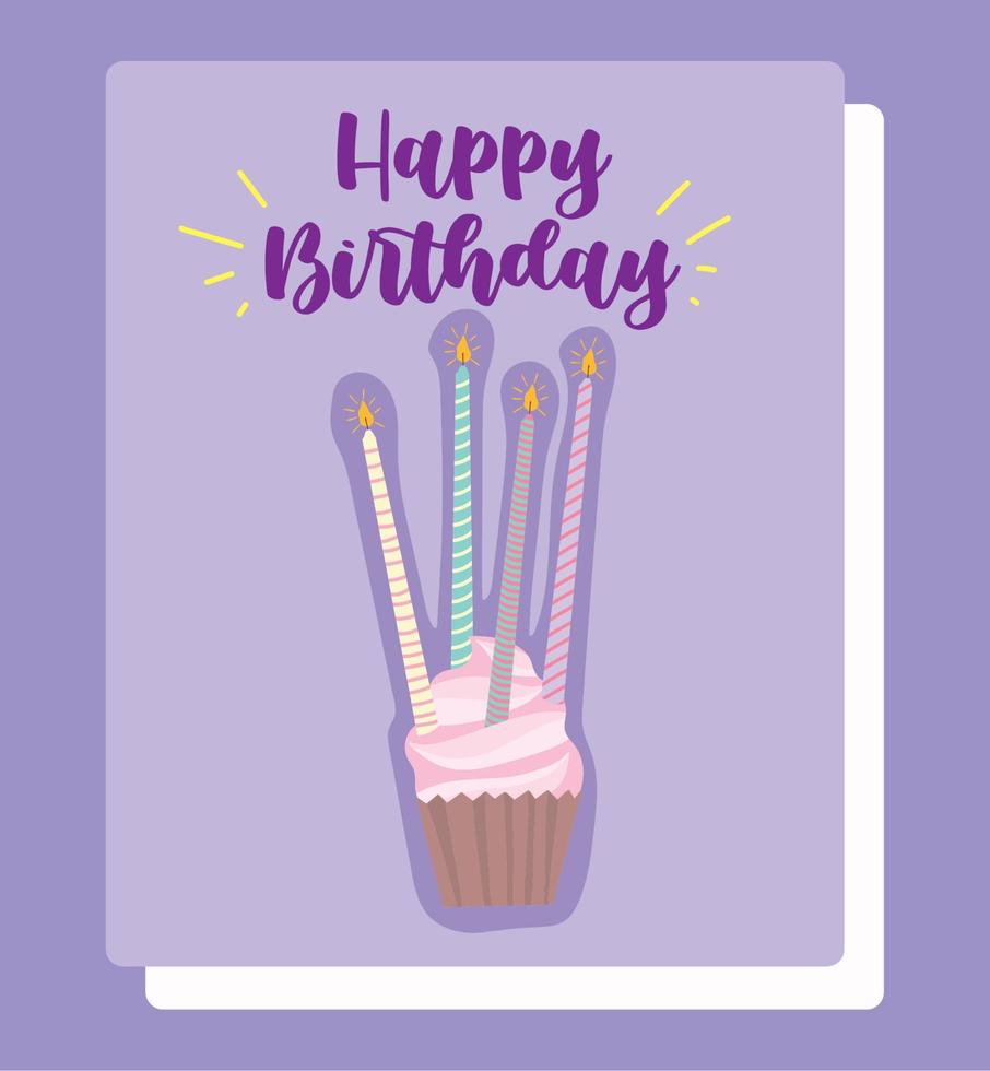 happy birthday, cupcake with bright candles cartoon celebration decoration card vector