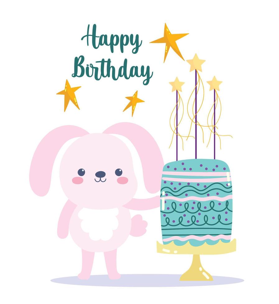 feliz cumpleaños, lindo conejo con pastel y estrellas tarjeta de decoración de celebración de dibujos animados vector