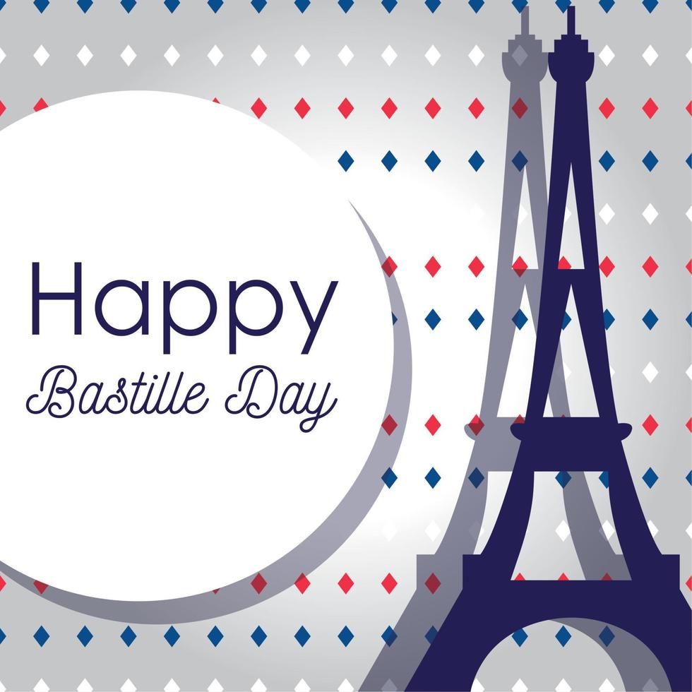 torre eiffel de francia y círculo del feliz día de la bastilla diseño vectorial vector