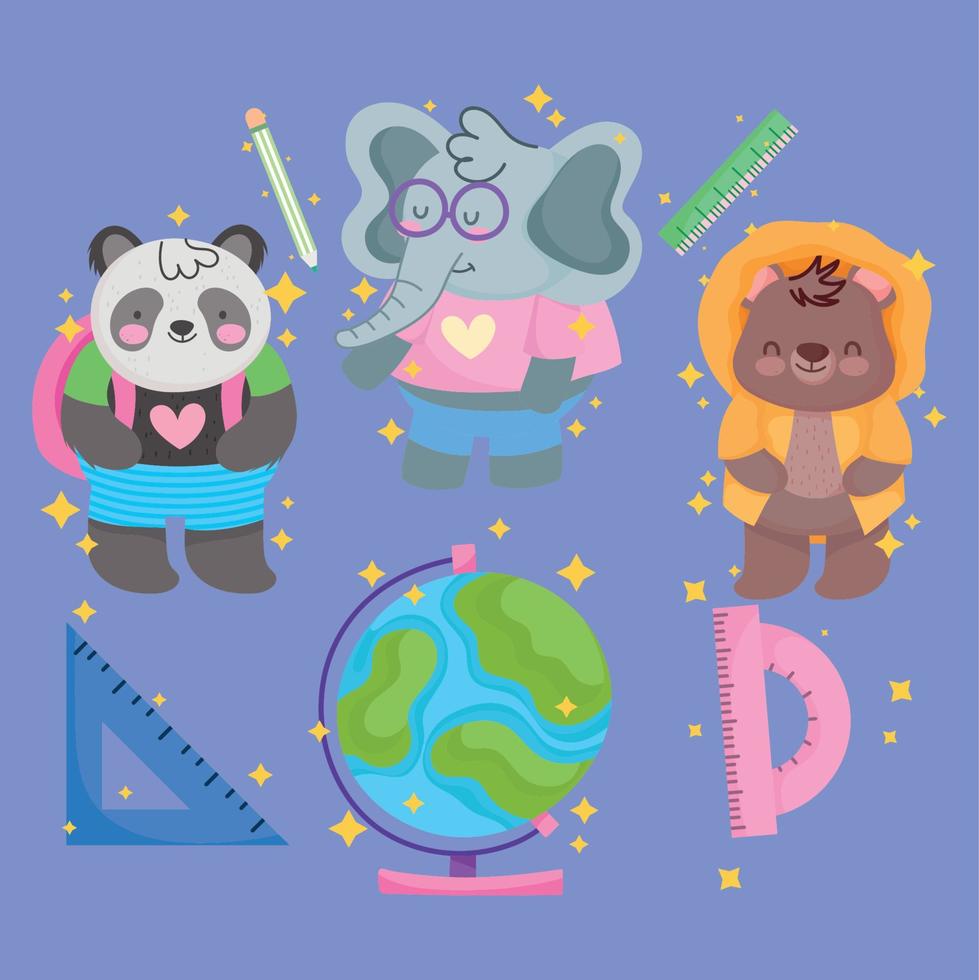 back to school, panda elephant bear globe ruler cartoon vector