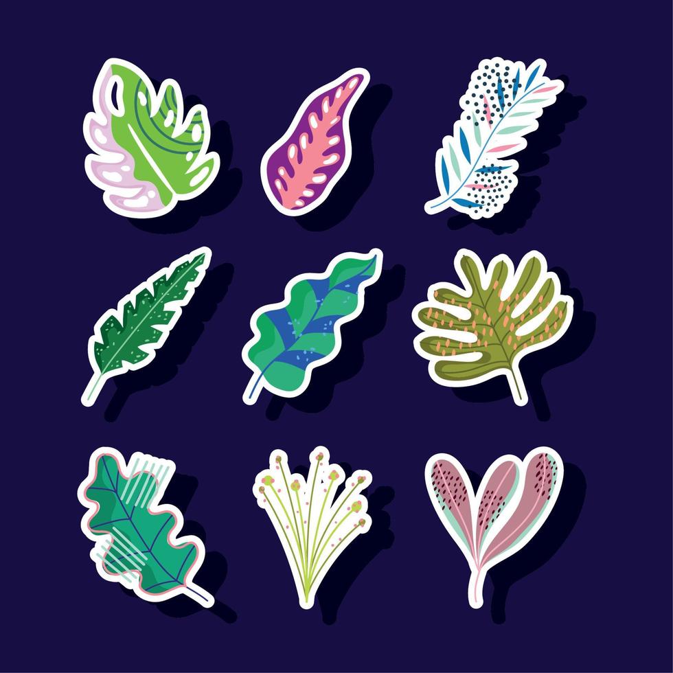 leaves foliage nature abstract decoration stickers icons set vector