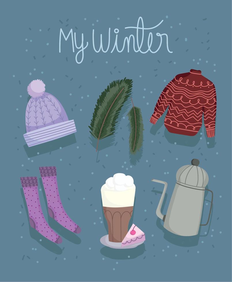 winter collection with sweater hat socks chocolate cup and teapot icons vector