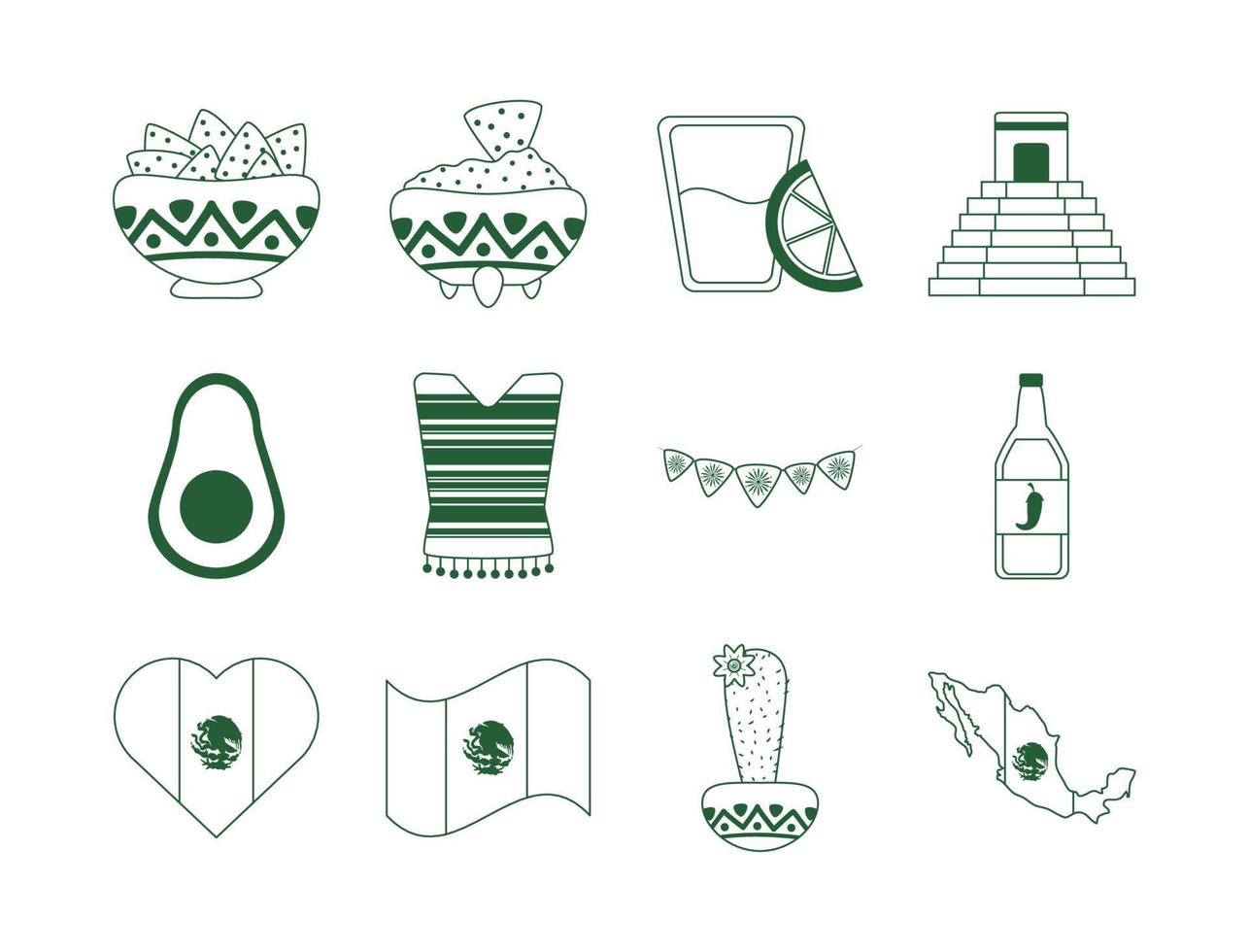 cinco de mayo mexican celebration festive party national icons set line style icon vector