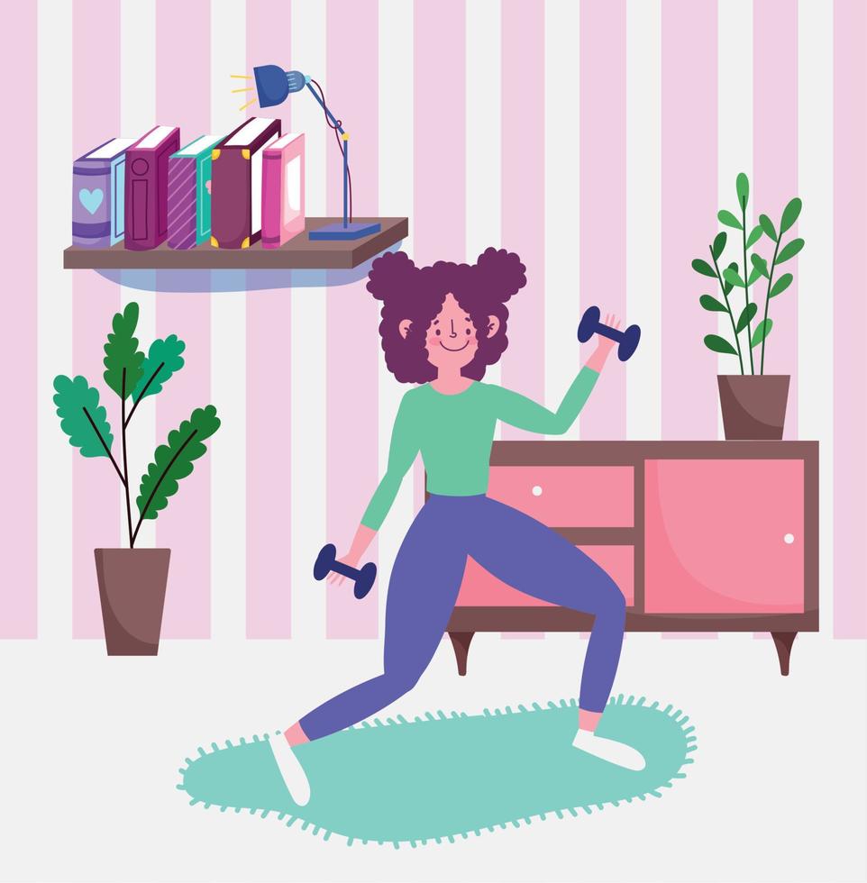 teen lifting dumbbells in room activity sport exercise at home vector