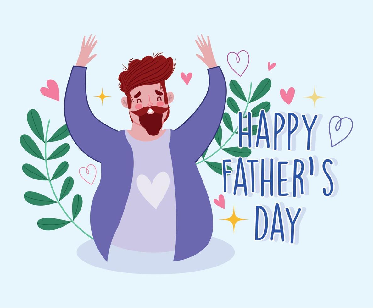 happy fathers day, dad with beard cartoon flowers decoration card vector
