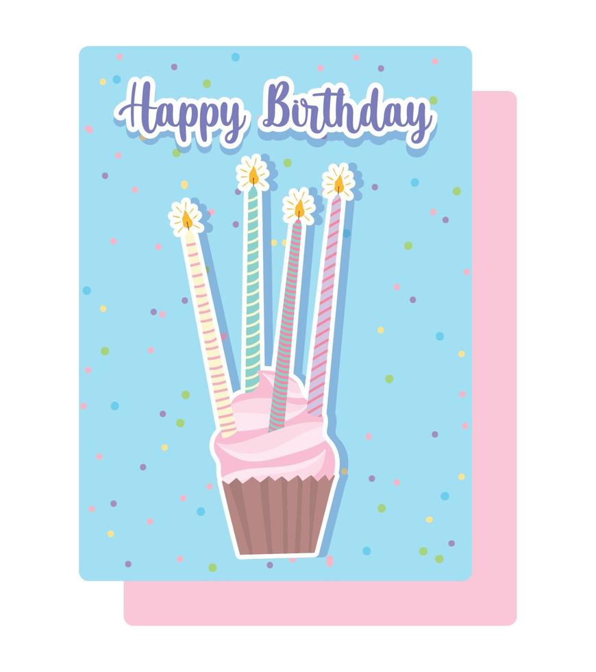 feliz cumpleaños, sabroso cupcake con velas tarjeta de decoración de celebración de dibujos animados vector