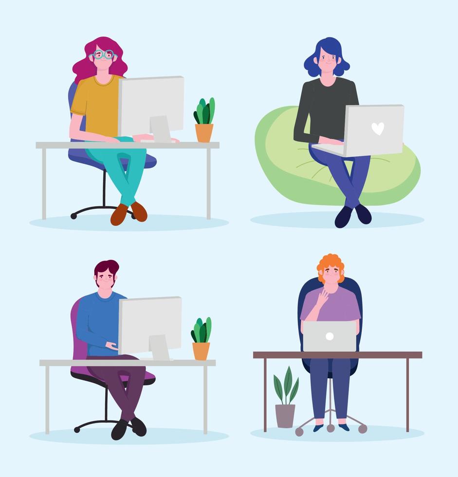 working people set, man and women with laptop working workspace vector