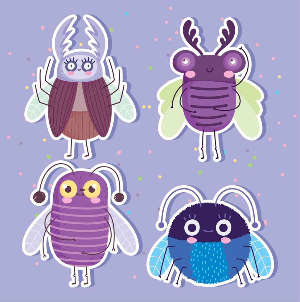 bichos lindos insectos animales en la colección de pegatinas de estilo de dibujos animados vector