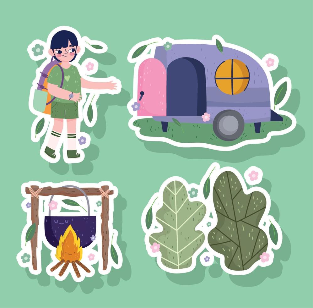 camping, boy with bag, camper forest and food in cartoon sticker style vector