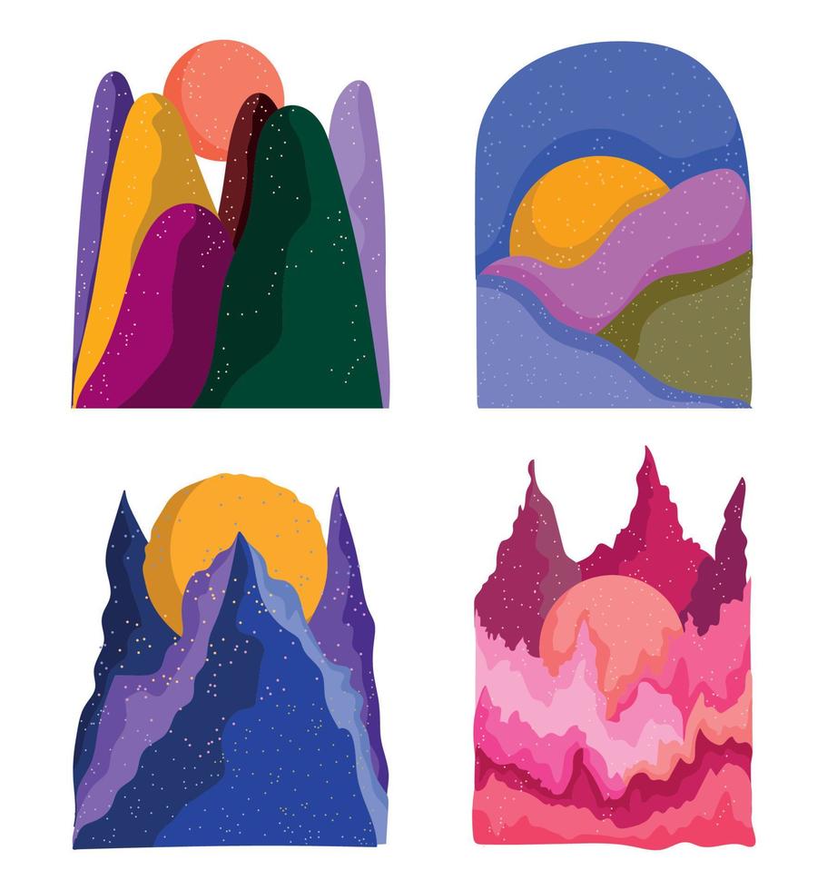 abstract landscape icon set, colored mountains sun and decoration vector