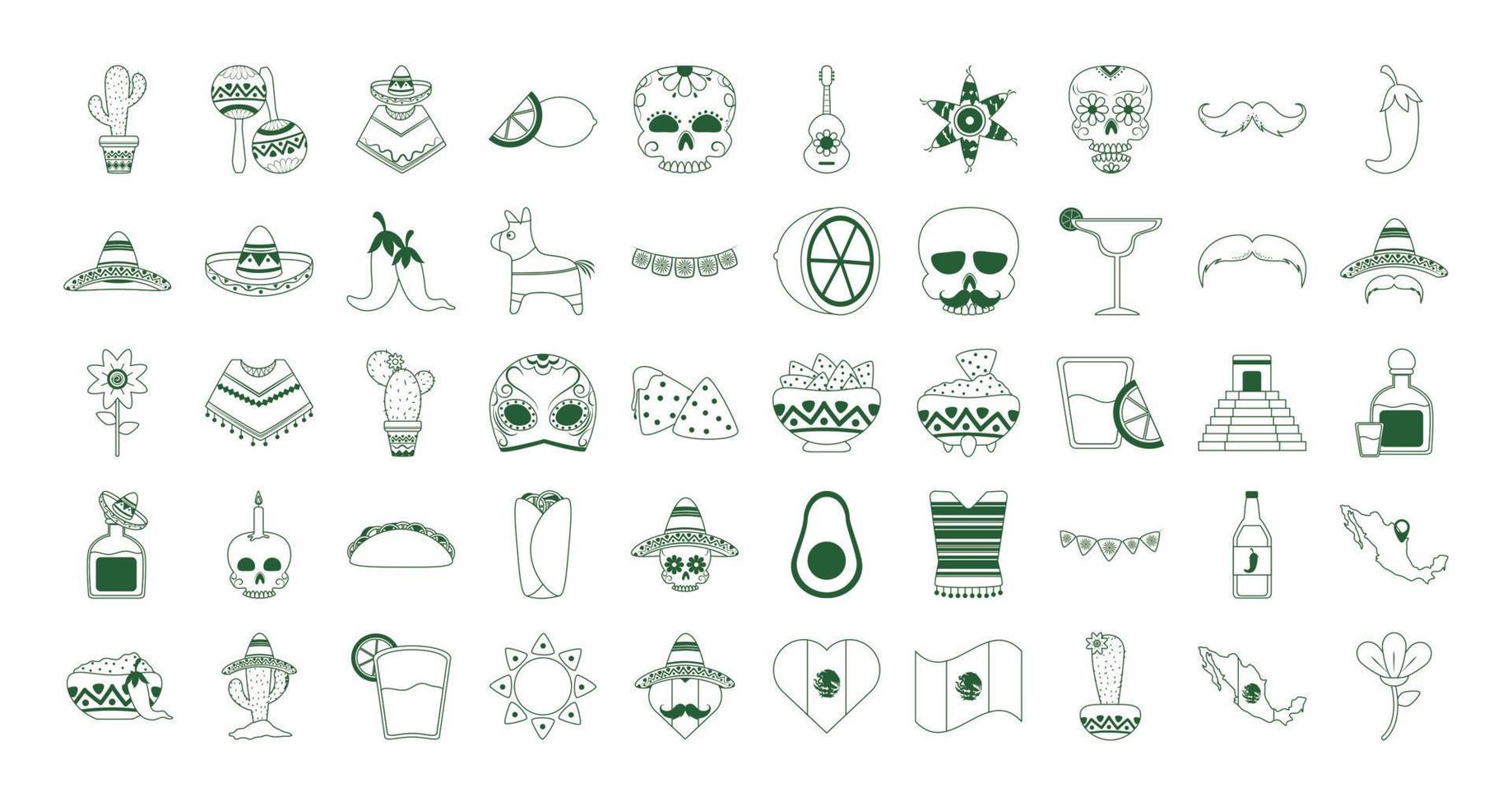 cinco de mayo mexican celebration festive party national icons set line style icon vector