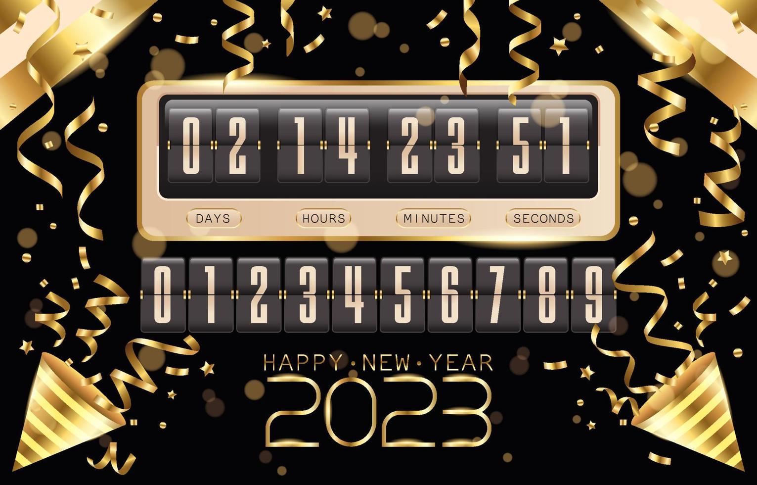 reloj de cuenta regresiva de año nuevo digital dorado con confeti vector