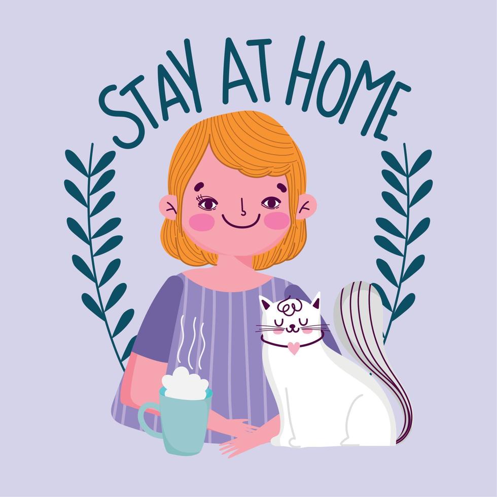 stay at home, young man with coffee cup and cat quarantine covid 19 vector
