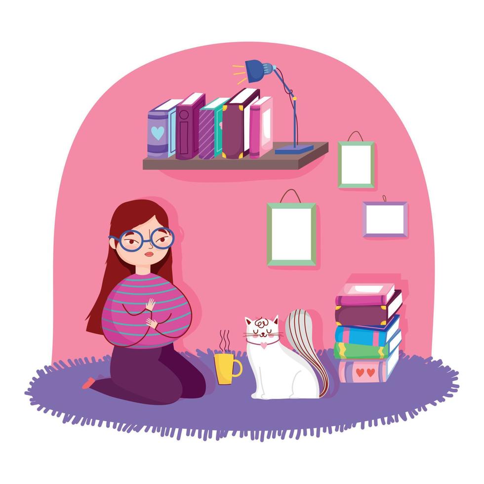 book day, girl with cat coffee cup and books vector