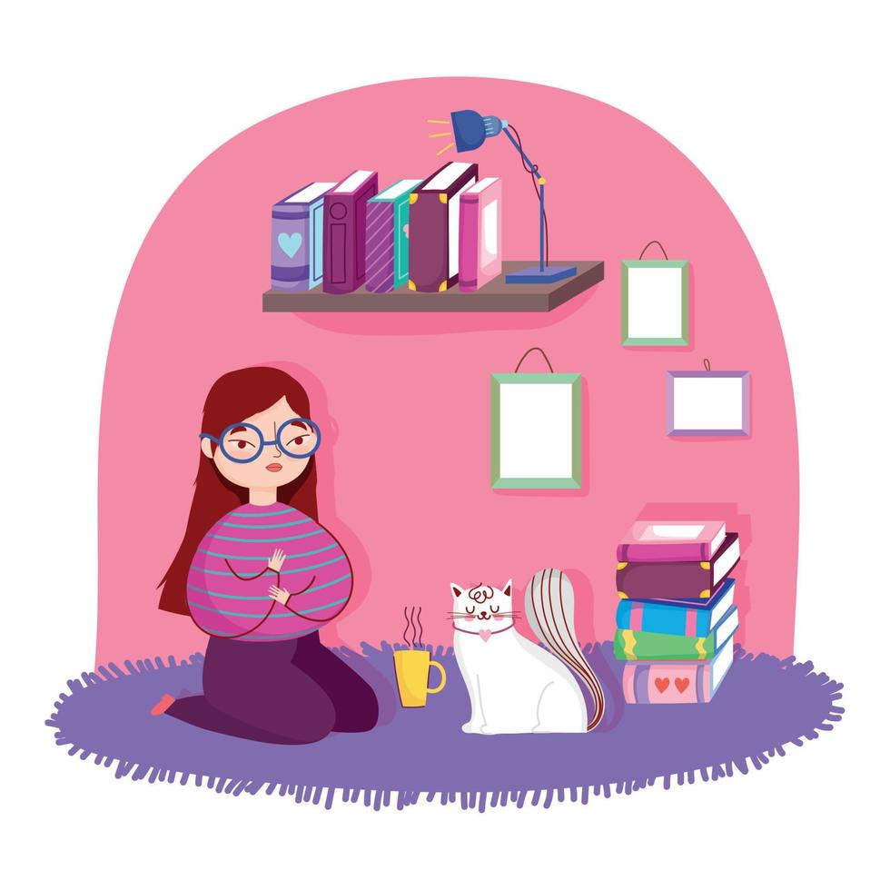 día del libro, niña con gato, taza de café y libros. vector