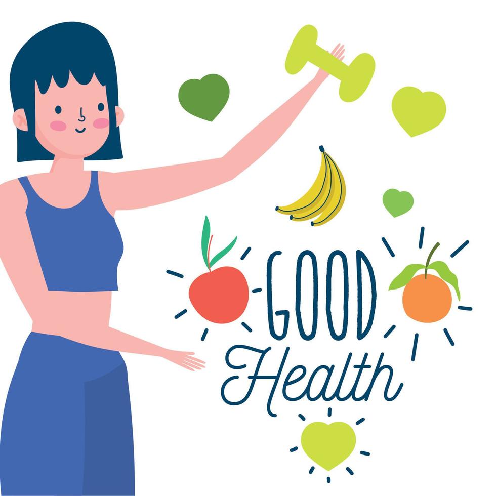 young woman with fruits and dumbbell healthy life vector