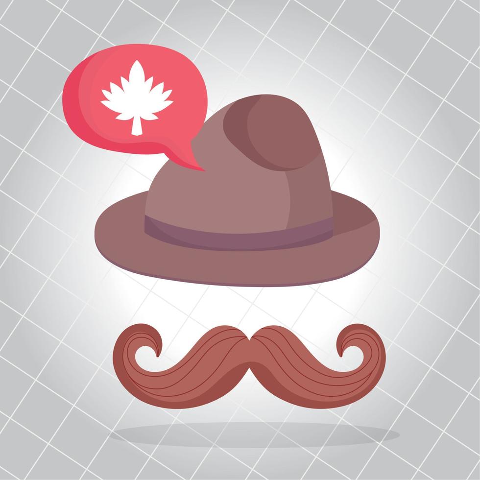 sombrero canadiense con bigote y diseño de vector de burbuja de hoja de arce