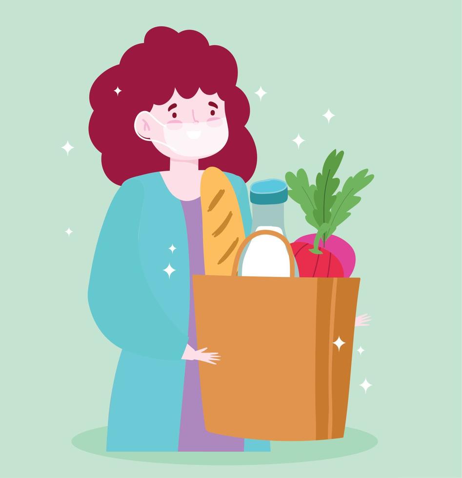 safe delivery at home during coronavirus covid-19, customer woman with medical mask and grocery bag with food vector