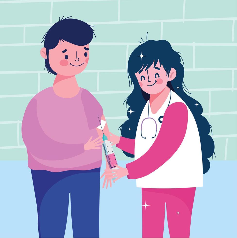 female nurse with patient and syringe medical health care vaccination vector