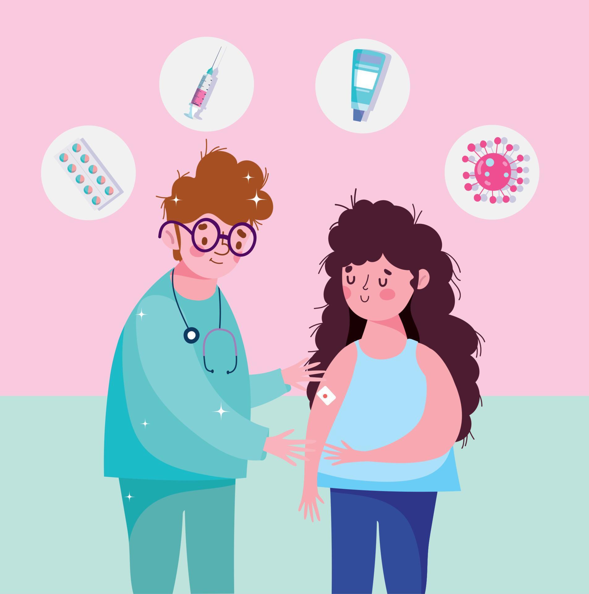 nurse and woman with aid bandage in arm medical health care vaccination