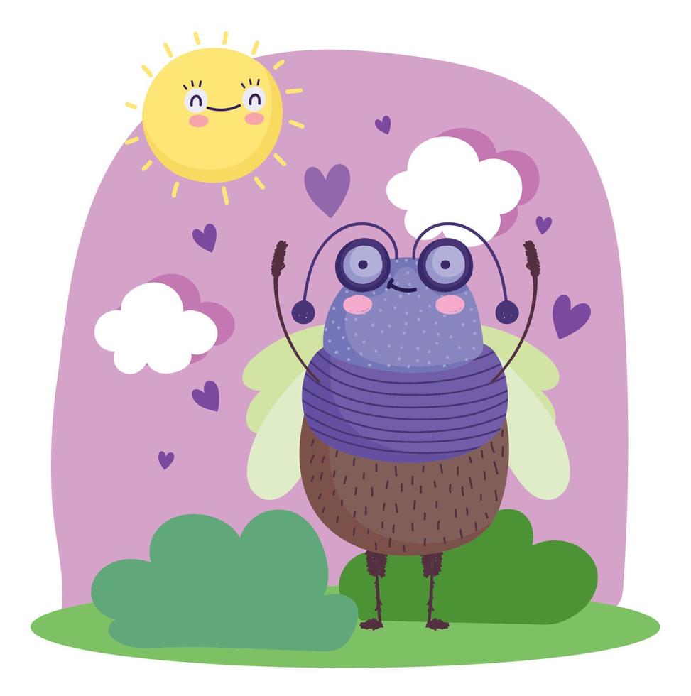 funny bug in the grass sun clouds cartoon design vector