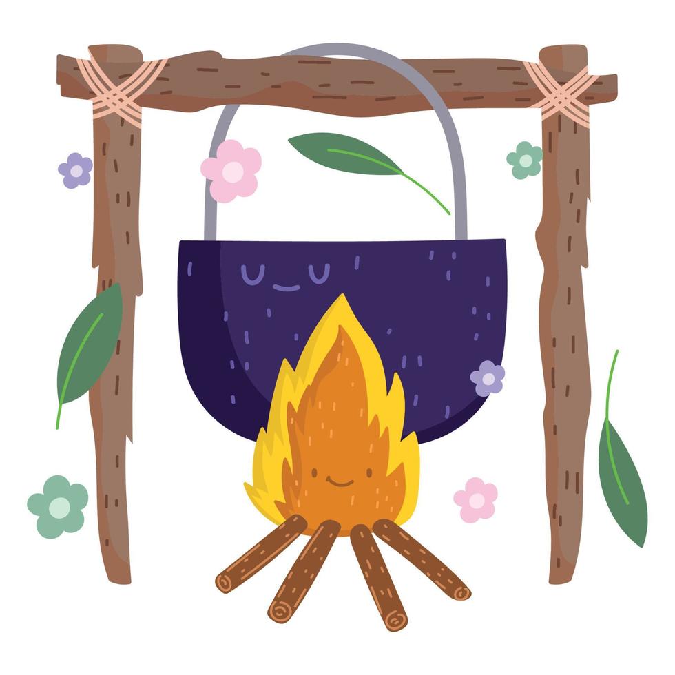 camping pot over a bonfire in cartoon style vector