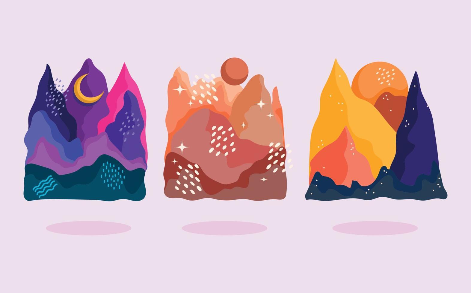 iconos de paisaje abstracto establecen las montañas, estilo luna sol vector