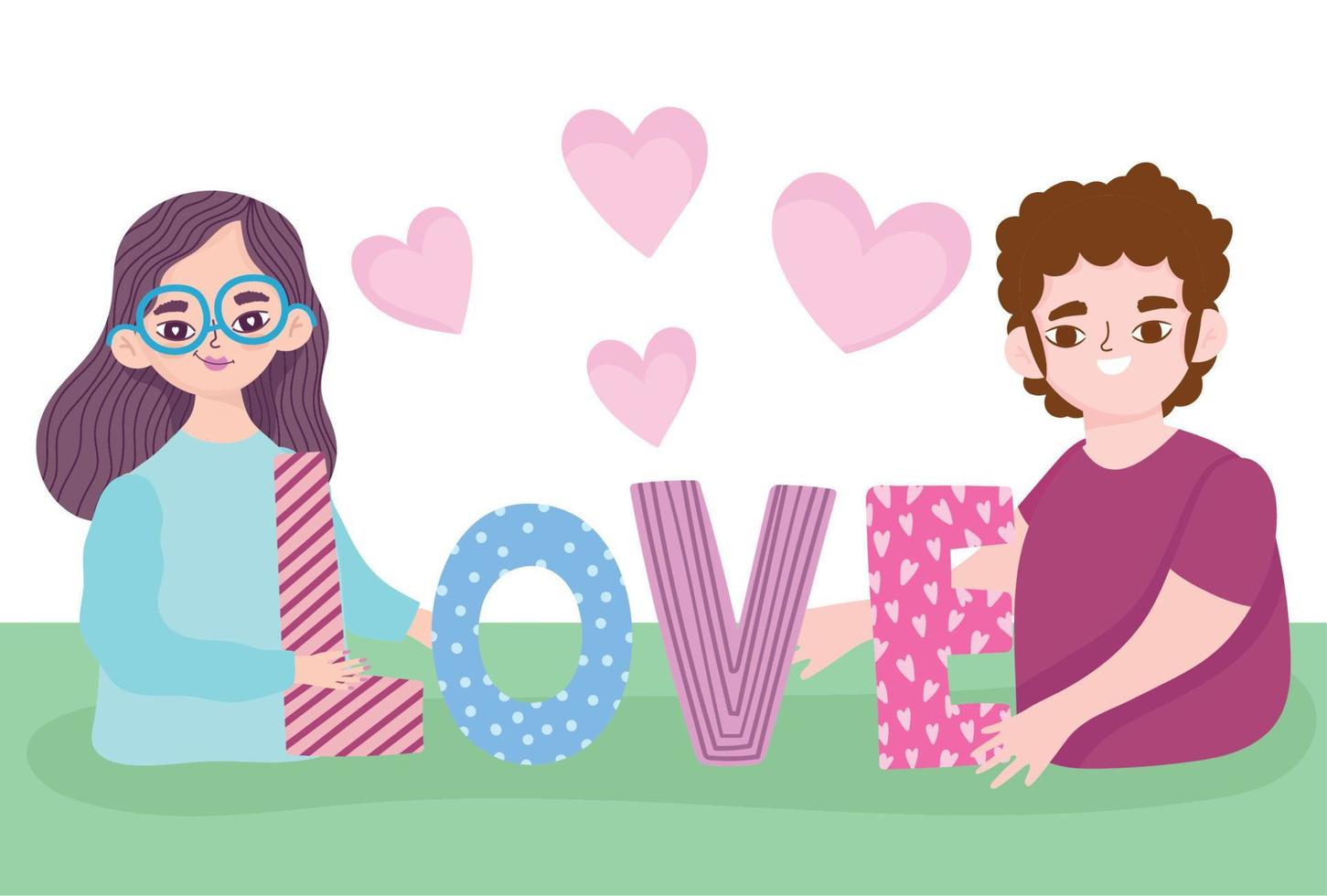 pareja amor texto y corazones romance retrato personajes de dibujos animados vector
