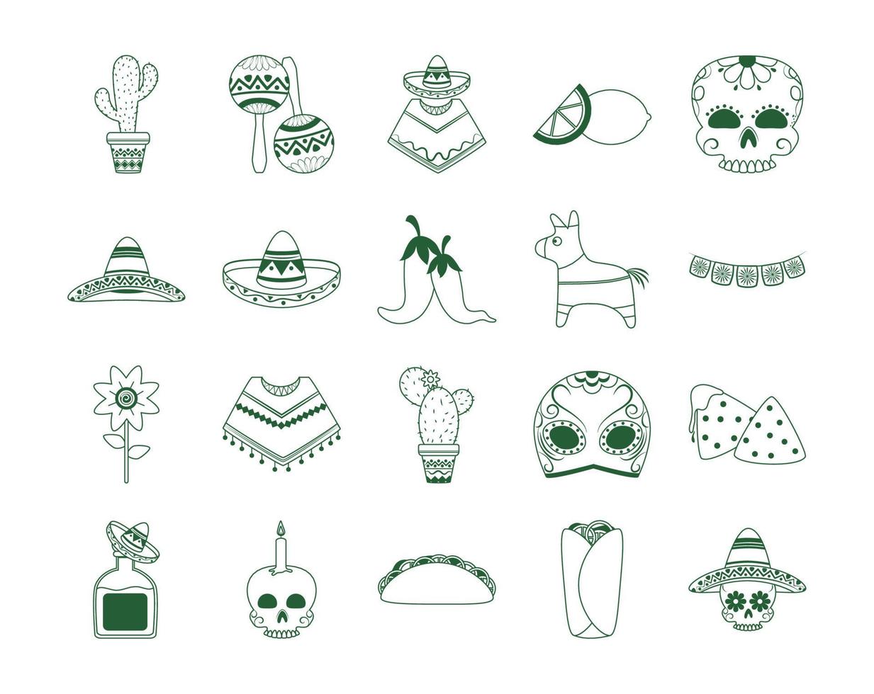 cinco de mayo mexican celebration festive party national icons set line style icon vector