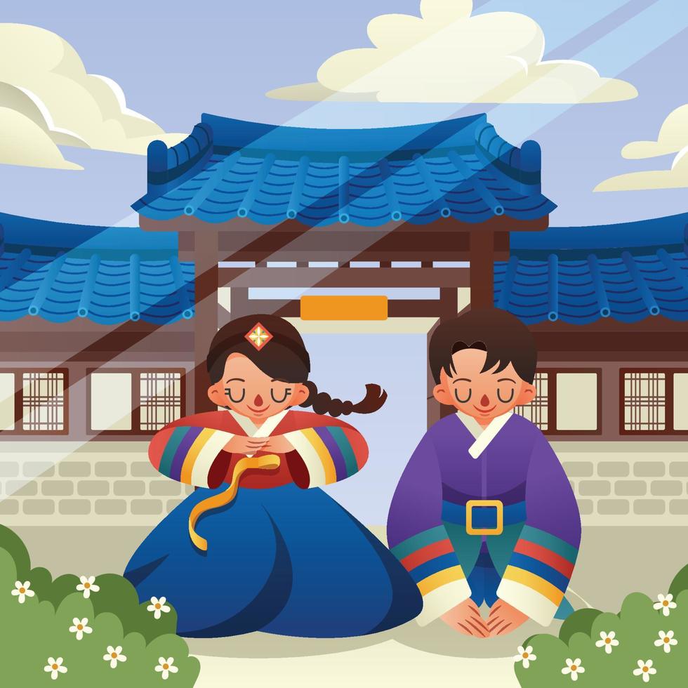 una niña y un niño haciendo un saludo tradicional frente a hanok vector