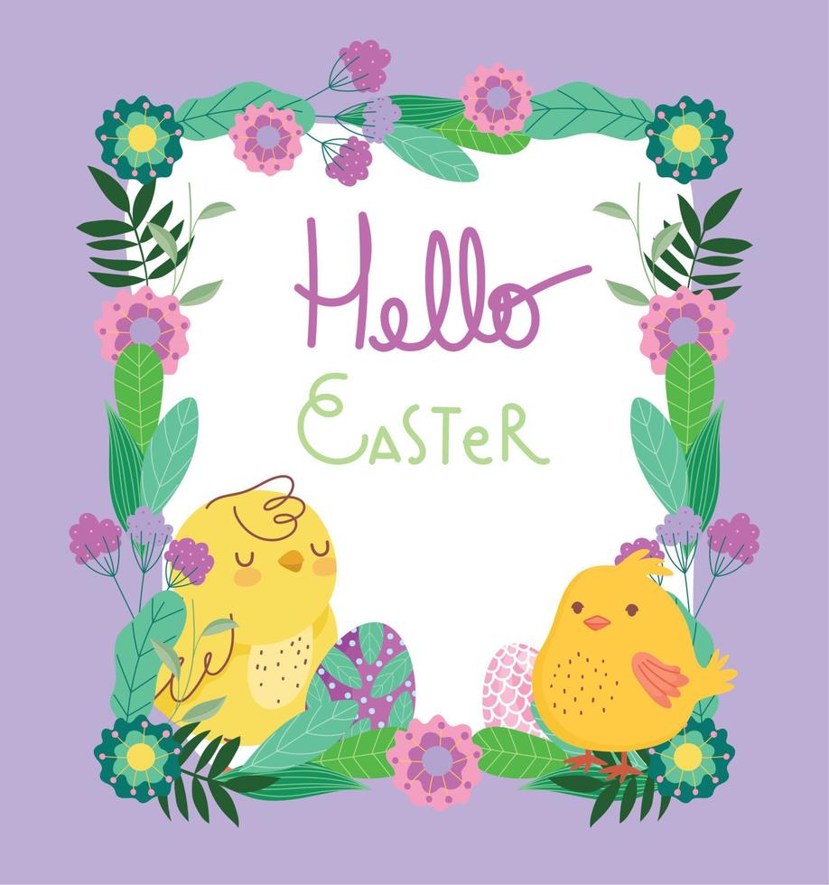 happy easter cute chickens eggs flowers frame decoration card vector