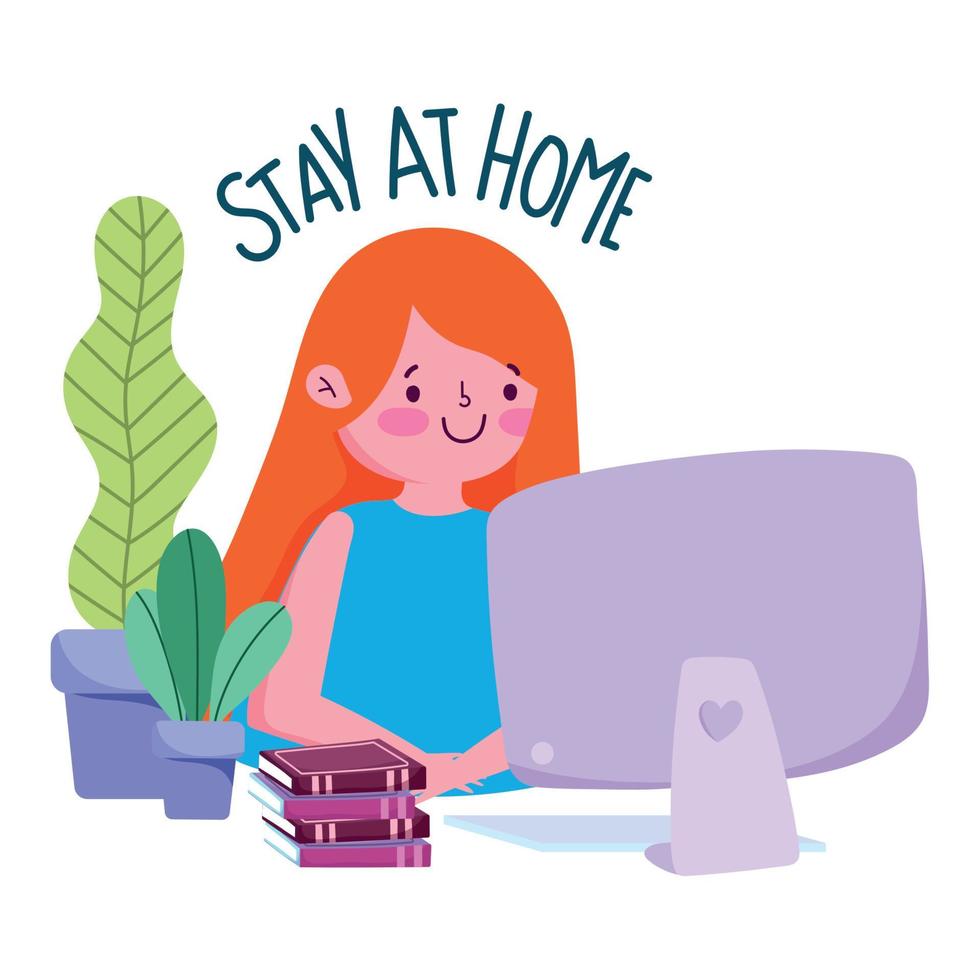 stay at home, young woman with computer and book quarantine prevention, covid 19 vector