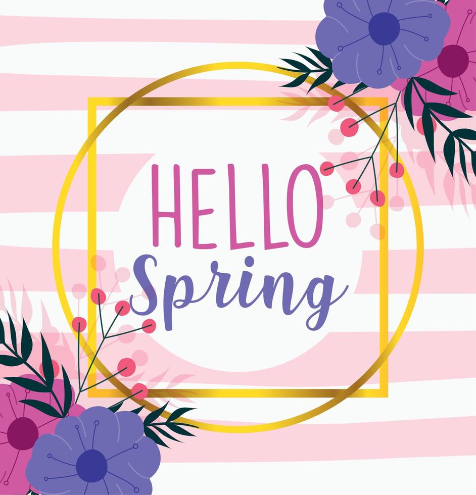 hello spring, season lettering flowers nature stripes background vector
