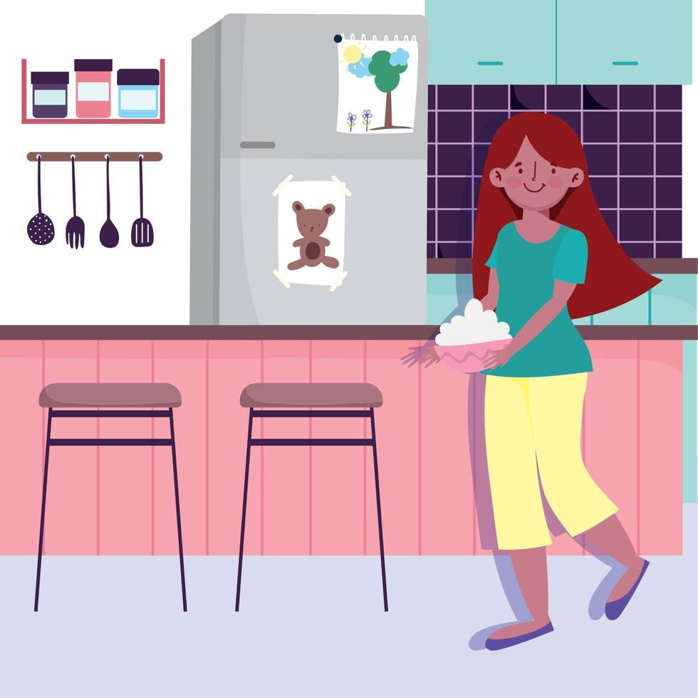 people cooking, girl with bowl counter and chairs in the kitchen vector