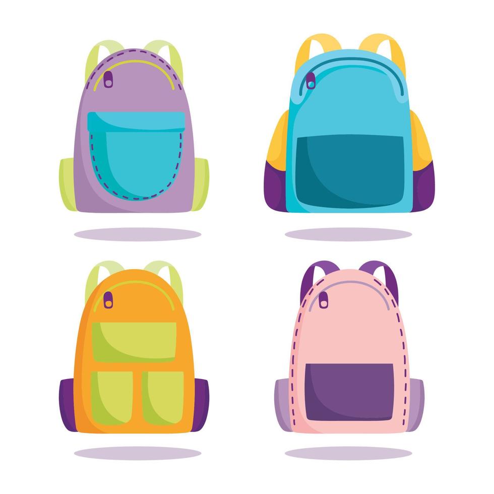 back to school, backpacks elementary education cartoon icons set vector