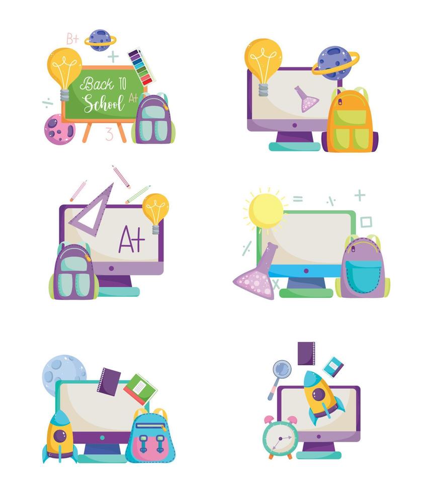 regreso a la escuela, bolsas de computadora en línea pizarra creatividad educación primaria iconos de dibujos animados vector