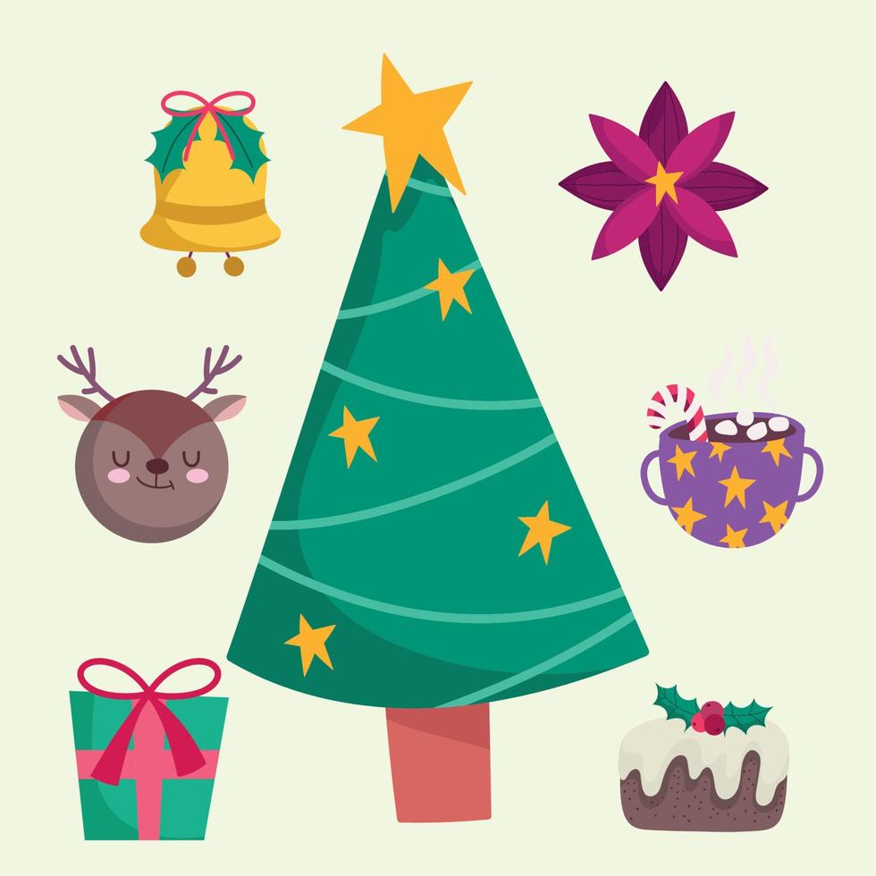 merry christmas tree bell flower deer gift and cake decoration and celebration icons vector