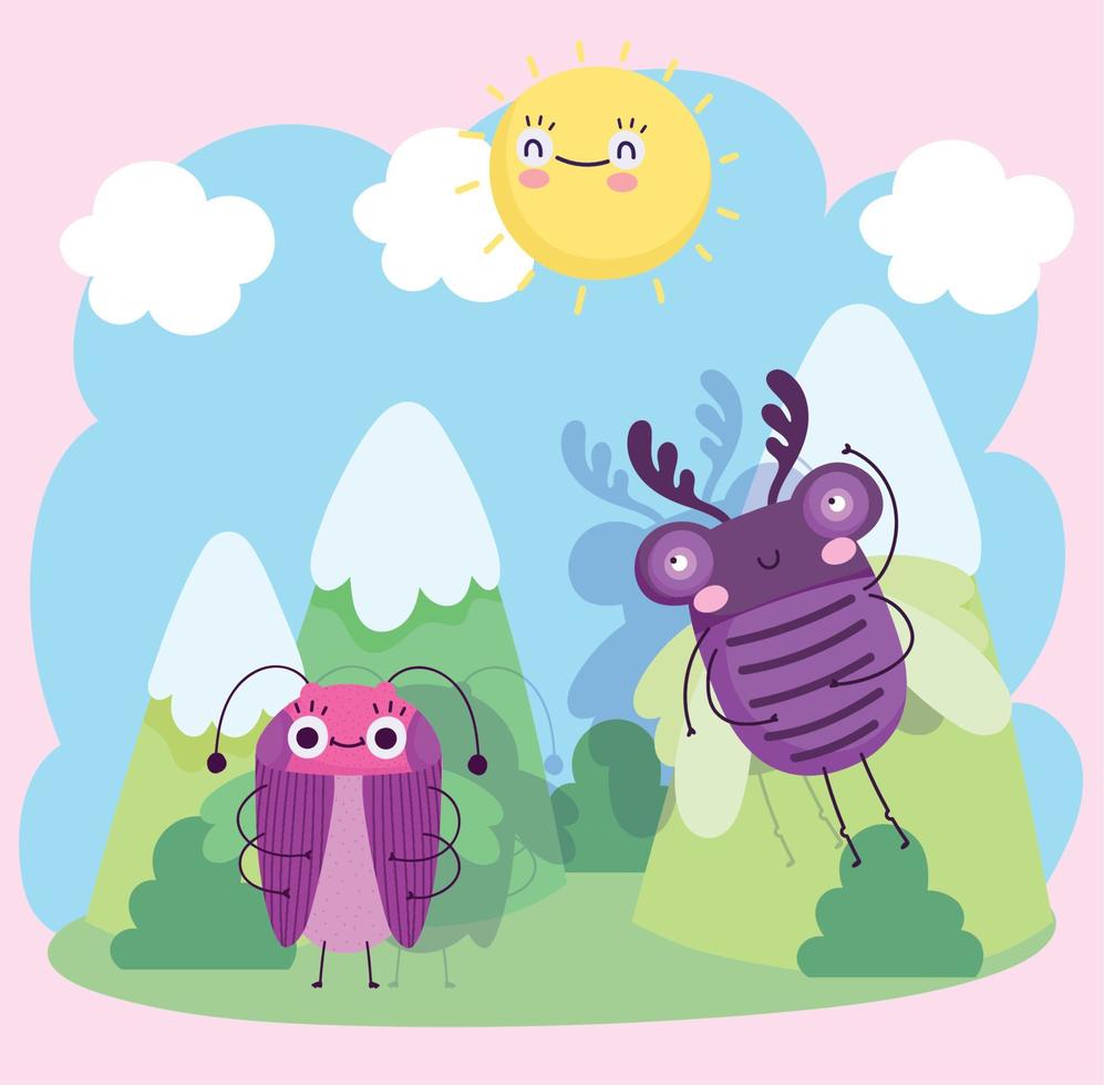 lindo insectos dibujos animados paisaje montañas sol nubes vector