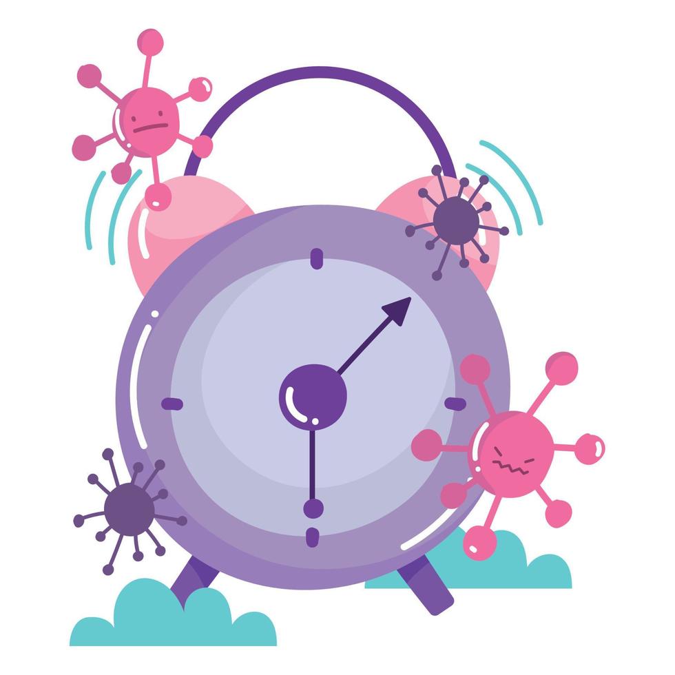 covid 19 virus cartoons and clock vector design