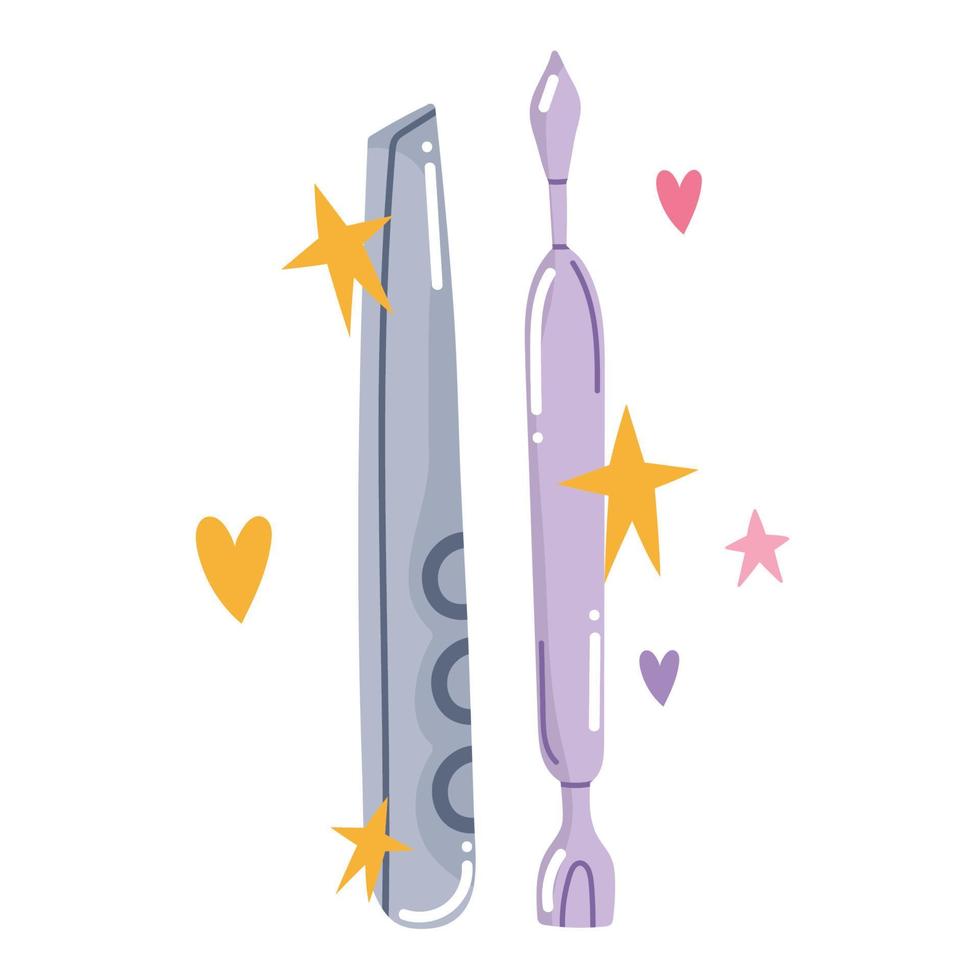 manicure cuticle pusher and file care tool in cartoon style vector