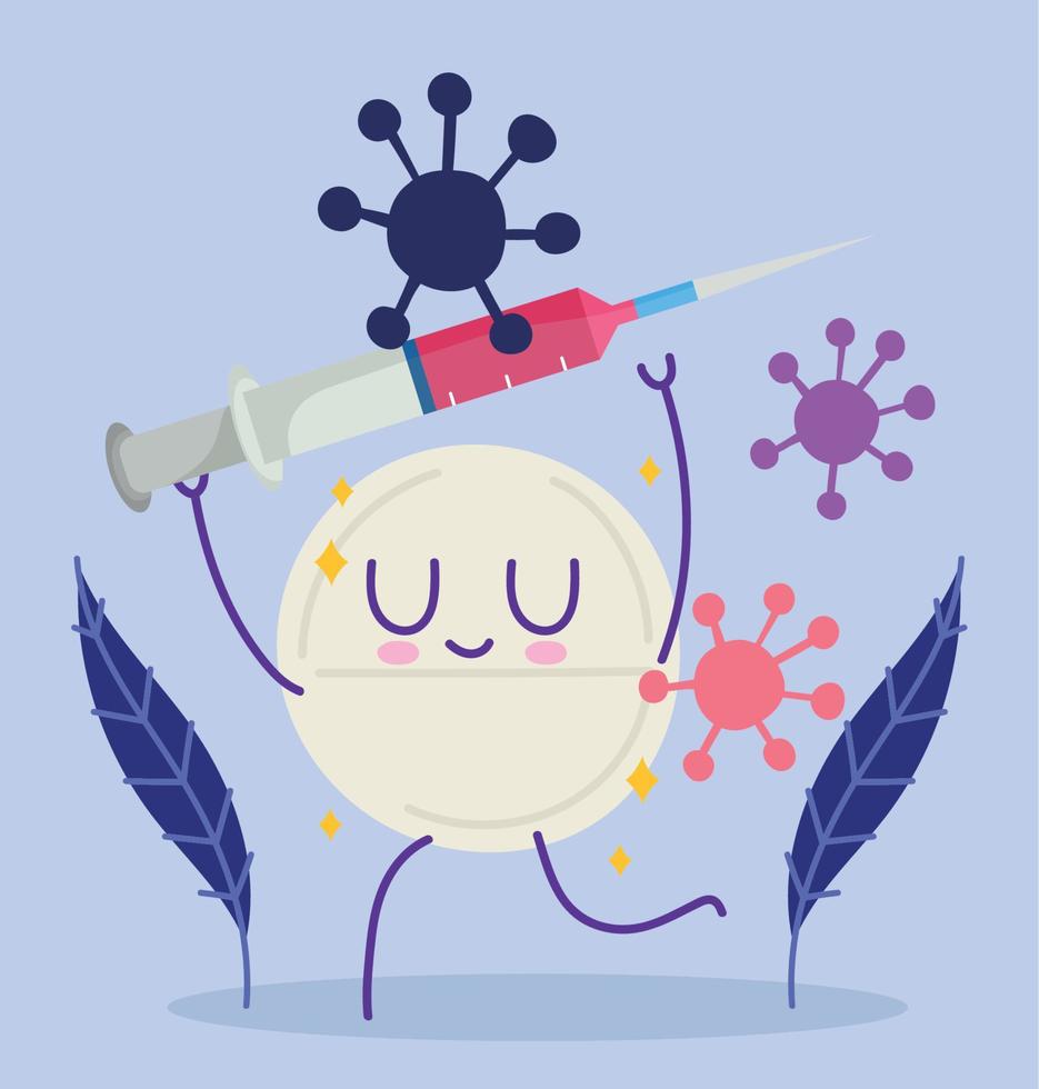 covid 19 virus and pill cartoon with injection vector design