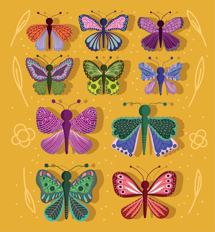 butterflies insect nature animals fauna and floral style on yellow background vector