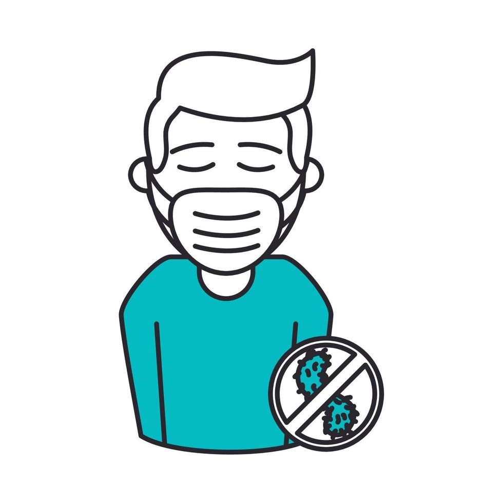 covid 19 coronavirus, man with medical mask prevent infection, spread outbreak disease pandemic line and fill style icon vector