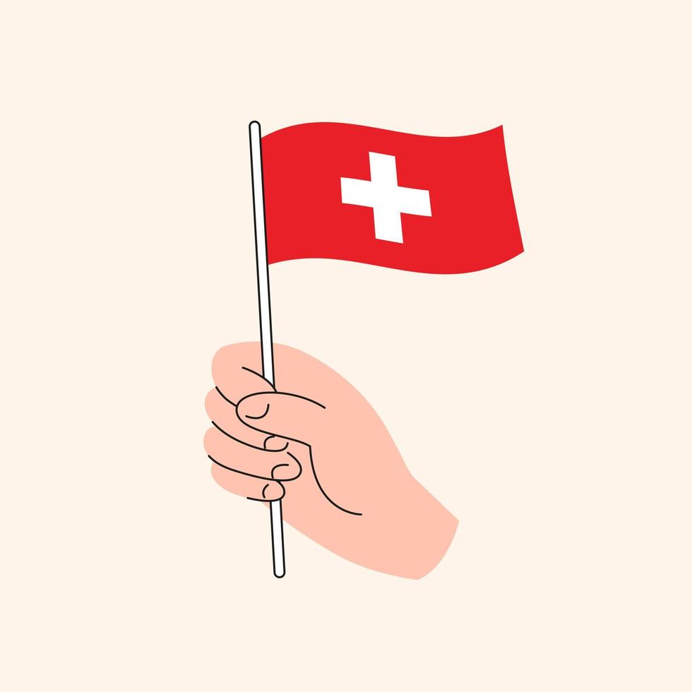 caricatura, mano, tenencia, bandera suiza, dibujo. bandera de suiza, ilustración conceptual, vector aislado de diseño plano.