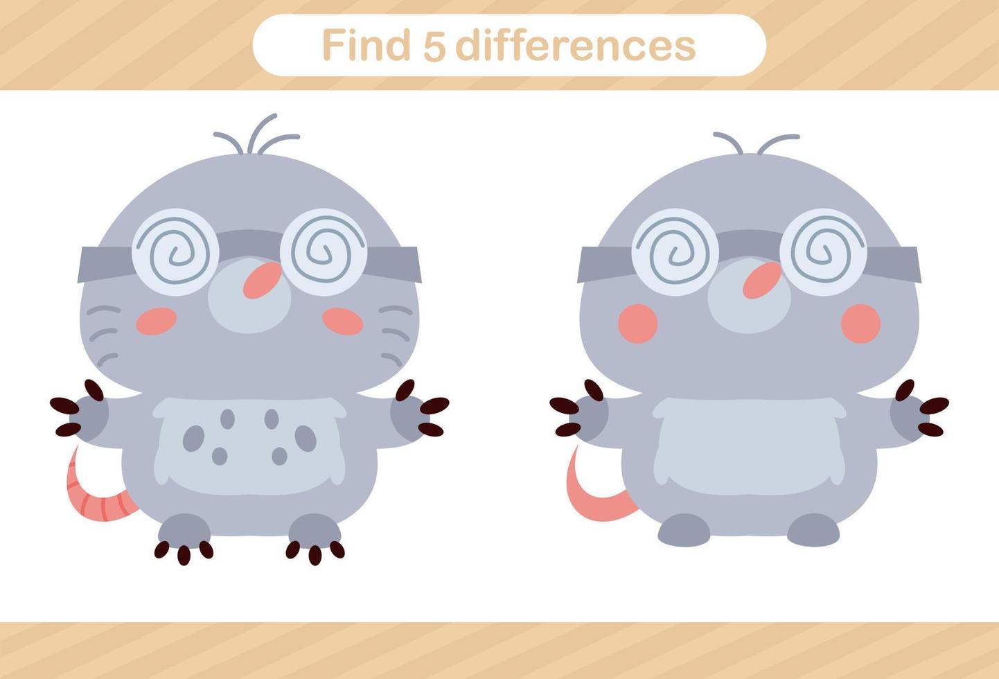 Find five differences of animal Education game for kids Educational page vector