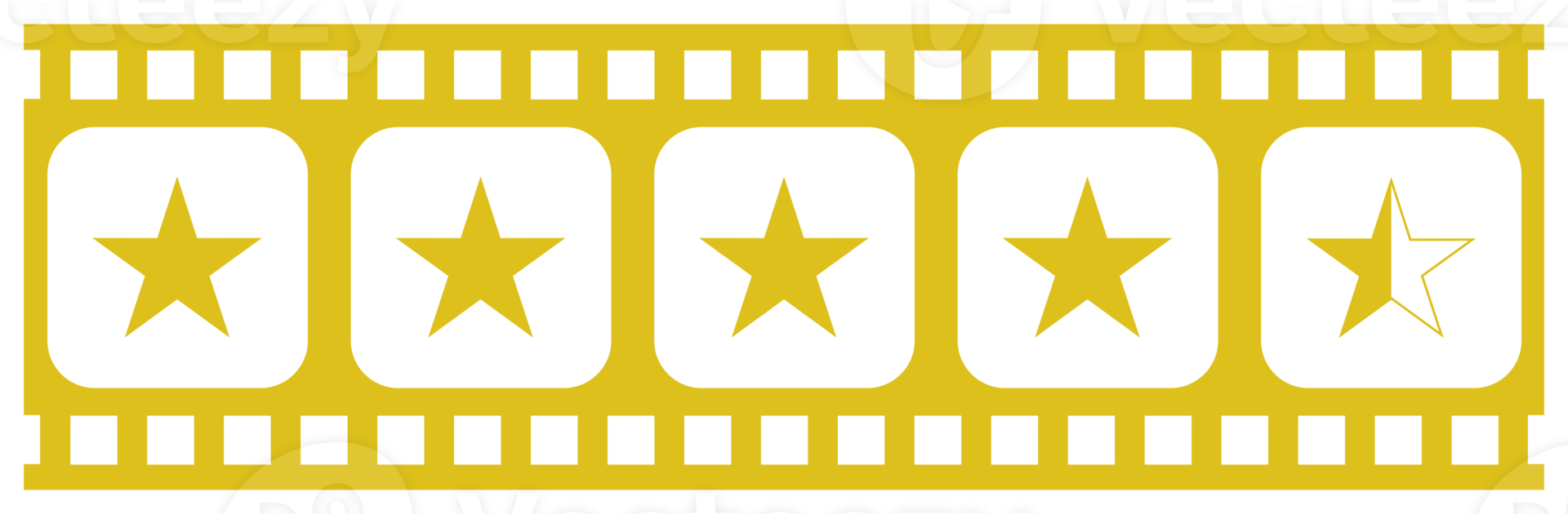 Bild der fünf 5-Sterne-Zeichen in der Filmstreifen-Silhouette. Sternbewertungssymbol für Film- oder Filmkritik, Piktogramm, Apps, Website oder Grafikdesignelement. Bewertung 4,5 Sterne. PNG-Format png