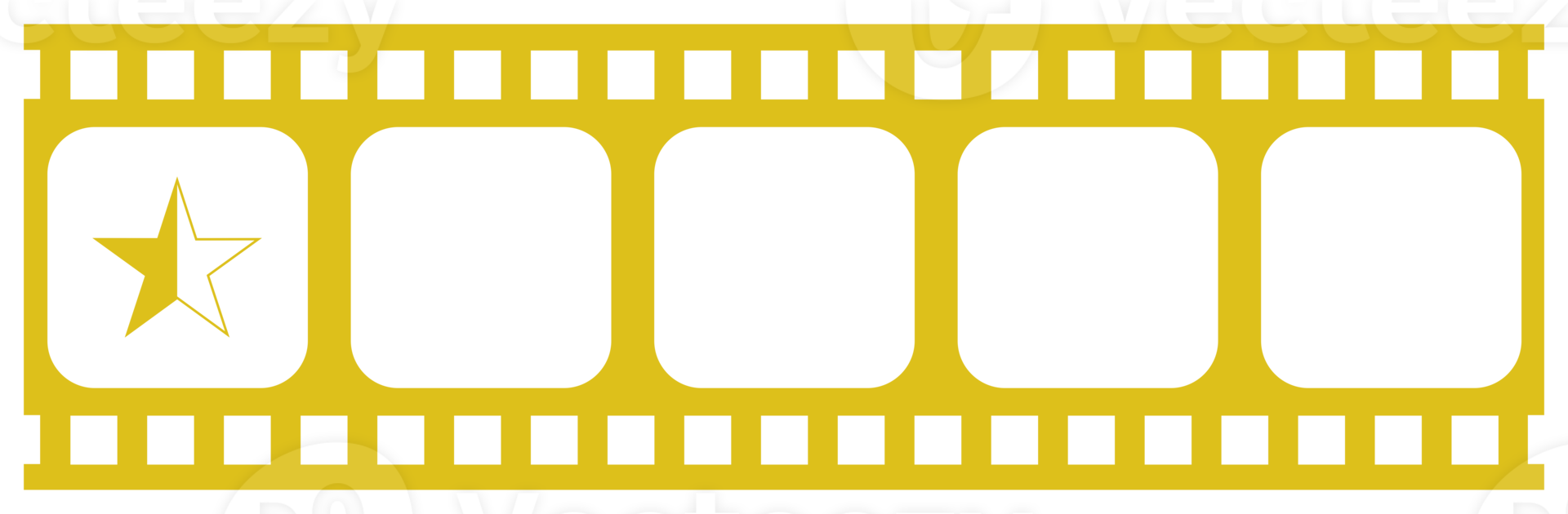 Bild der fünf 5-Sterne-Zeichen in der Filmstreifen-Silhouette. Sternbewertungssymbol für Film- oder Filmkritik, Piktogramm, Apps, Website oder Grafikdesignelement. Bewertung 0,5 Sterne. PNG-Format png